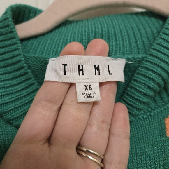 THML Anthropologie Green And Floral Knit Short Puff Sleeve Sweater Size XS - Picture 4 of 5